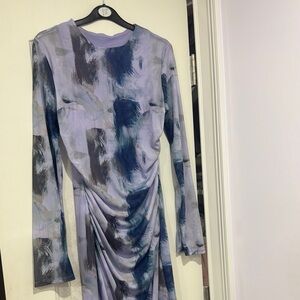SHEIN Blue and White Ruched Long Sleeve Bodycon Dress
